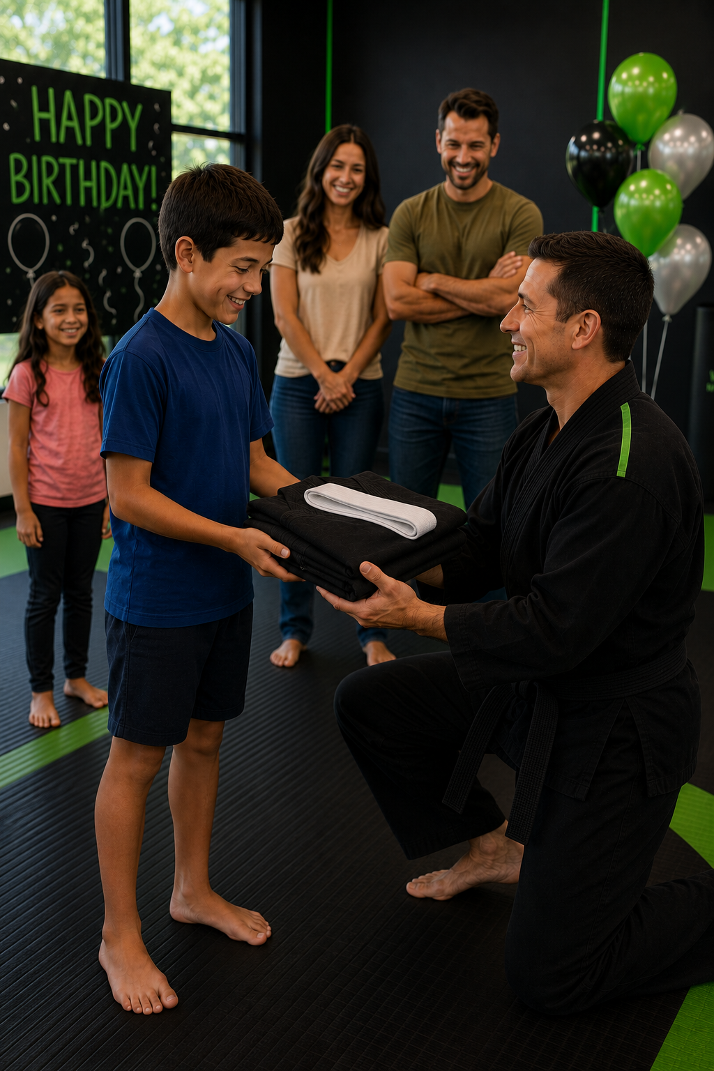 Instructor presenting a uniform and gift to the birthday child with family watching