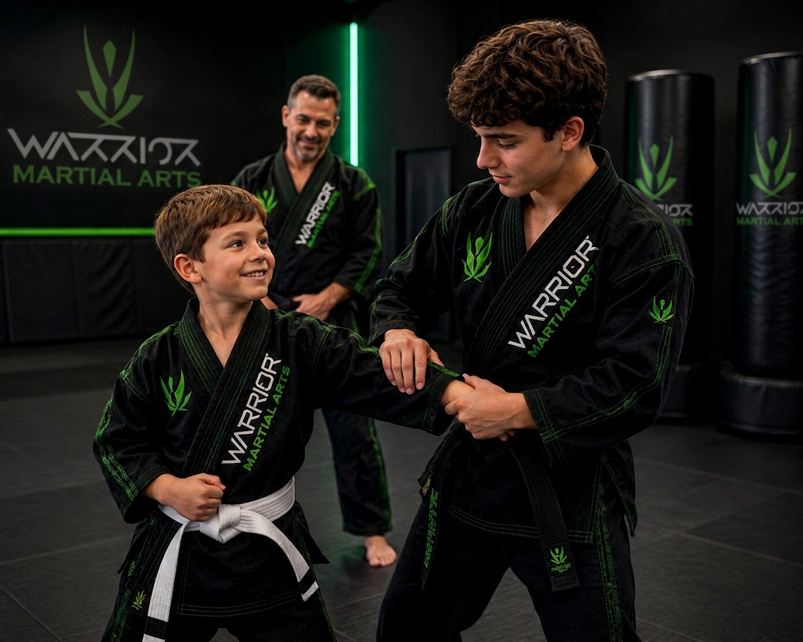 Warrior Martial Arts students practicing technique together with their instructor