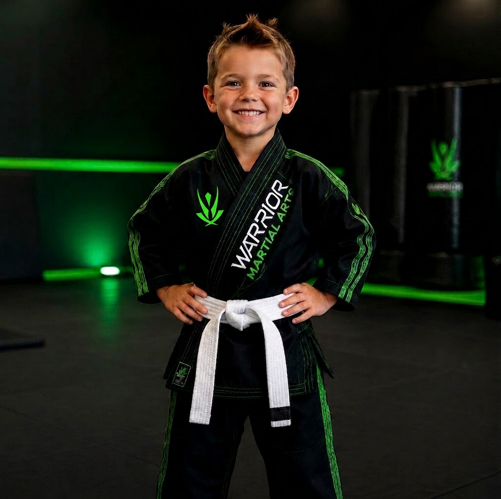 Young Tigers karate student smiling on the dojo mat at Karate America Ponte Vedra