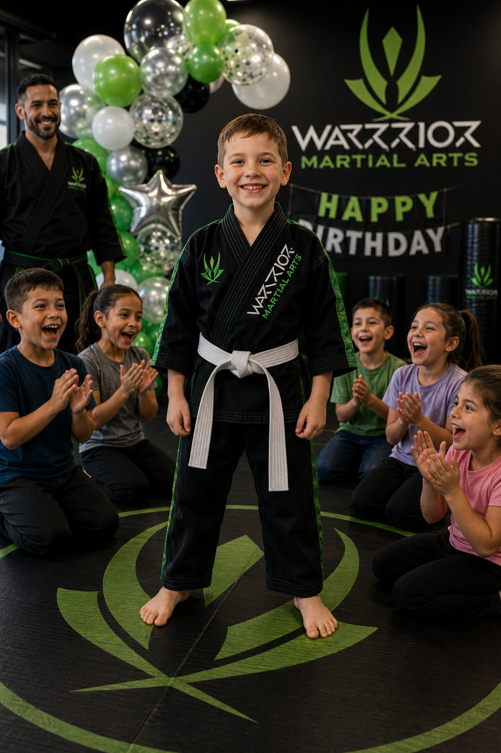 Birthday star in karate uniform standing on the mat with friends cheering