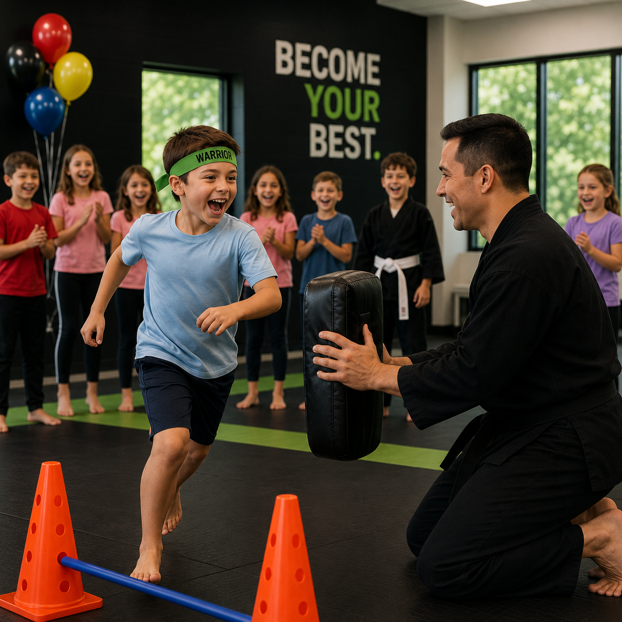 Kids cheering as a young birthday warrior charges a padded target during a karate party