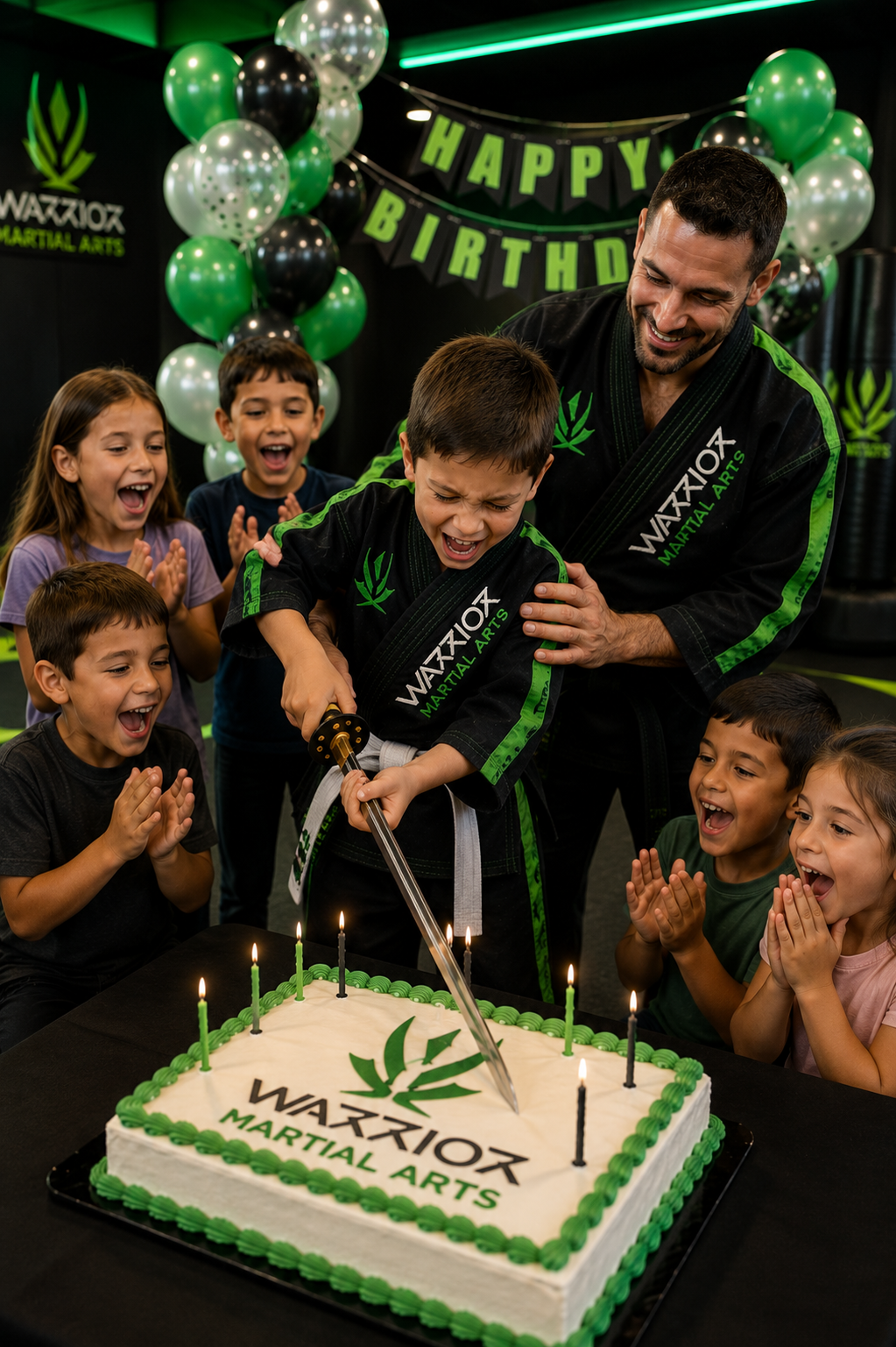 Birthday child cutting cake with a samurai sword as friends cheer