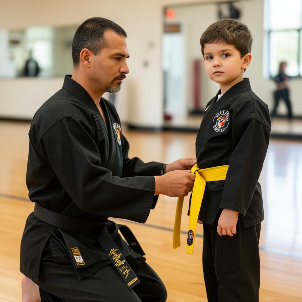 Instructor coaching a young student at Karate America Ponte Vedra